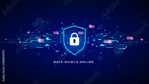 Cyber security shield icon with data protection concept on dark blue background. for online safety, network privacy, and digital encryption technology in modern futuristic style. online security sign