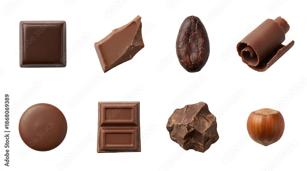 Fototapeta premium Chocolate assortment set including dark square, milk bar, cocoa bean, hazelnut, curls, and chunks isolated. Confectionery and dessert ingredients collection.