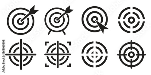 Target and aim icon set, crosshair, bullseye vector, precision, accuracy, and focus icon for aiming, archery, shooting, or navigation