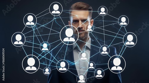 Man In Suit Stands With Digital Network Of People Icons Connection Concept