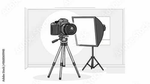Professional camera on tripod with studio lighting setup.