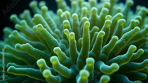 Vibrant Green Sea Anemone Tentacles Swaying Gently Underwater with Soft Lighting Detailed Macro View