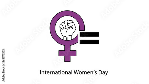 International womens day symbol with purple female sign and clenched fist inside circle equal sign on white background with female symbol and feminism