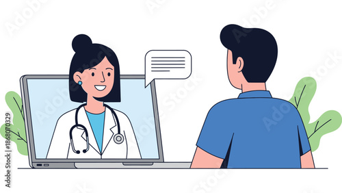 Professional telemedicine consultation featuring a female doctor on a laptop screen discussing health with a male patient for modern digital healthcare business services.