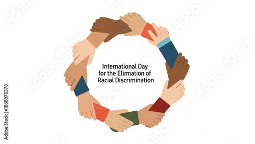 Diverse hands joining together in unity for international day for the elimination of racial discrimination with a white background with diversity and inclusion