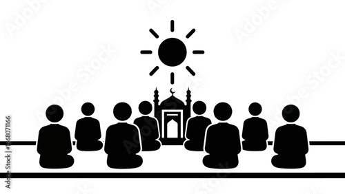 Islamic prayer gathering, mosque silhouette, sun icon, Muslim community worship