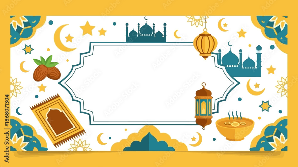 Naklejka premium Islamic Ramadan Banner with Mosque, Lantern, Prayer Mat, and Food