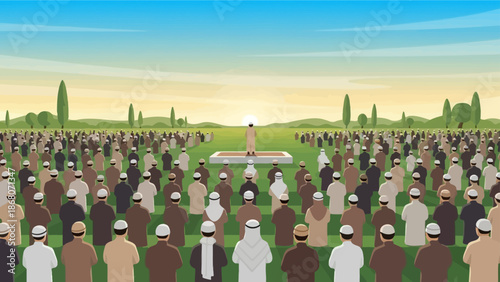 Large Muslim Congregation Praying Outdoors at Sunrise