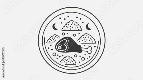 Minimalist Meat Dish Icon: Chicken Leg with Rice and Moon.