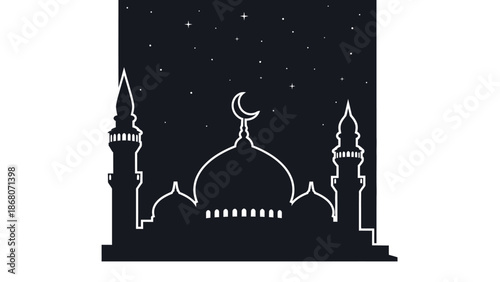 Mosque Silhouette at Night with Crescent Moon and Stars