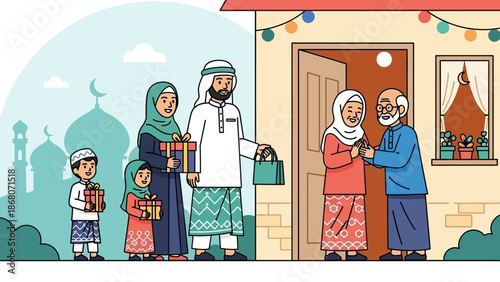 Muslim Family Exchanging Gifts During Eid Celebration