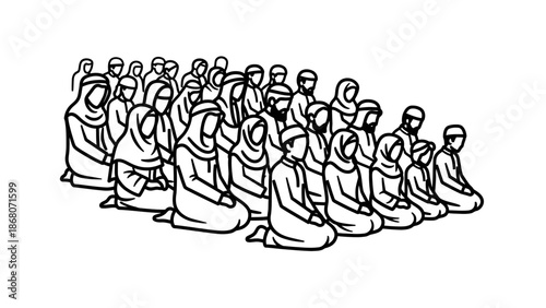 Muslim prayer group praying together, men and women, religious gathering illustration