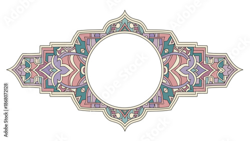 Intricate frame with colorful, ornate patterns and a circular opening, conveying a festive and celebratory mood, often used for Ramadhan or Eid Mubarak greetings.