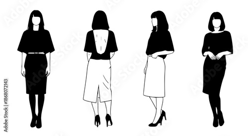 Collection of minimalist outline illustrations of women in different poses and outfits