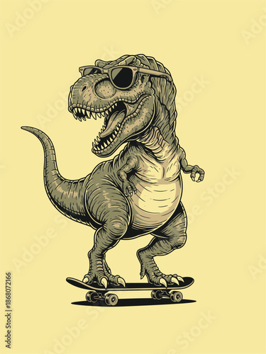 Cool T Rex Dinosaur Riding a Skateboard with Sunglasses.