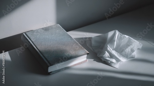 A minimalistic therapy table scene shows a closed notebook with a textured cover placed carefully next to a