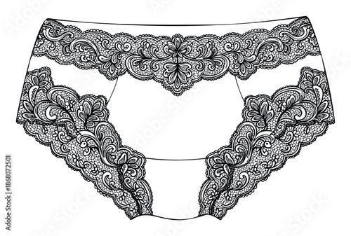 Elegant black outline drawing of womens lace panties featuring delicate floral and ornamental scroll patterns perfect for lingerie catalogues fashion design apparel manufacturing and