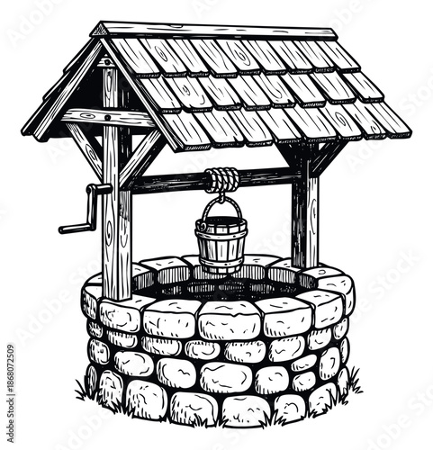 Classic black and white drawing of a traditional stone water well with a wooden roof and a hanging bucket for rural or historical themed graphic projects