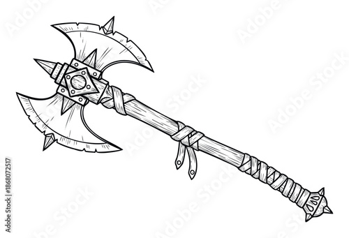 A fierce doublebladed battle axe with a spiked design and a wrapped wooden handle, perfect for game assets, historical themes, or mythological publications.