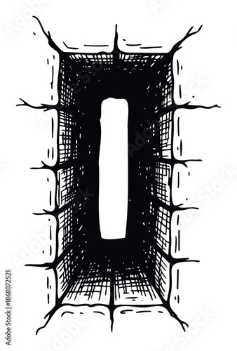 Hand drawn abstract dark corridor or narrow passageway framed by rough textured walls, creating a mysterious graphic for conceptual designs or dramatic visual projects.