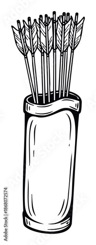 Classic hand drawn quiver full of sharp feathered arrows ready for archery target practice or a hunting expedition provides essential traditional weaponry equipment for a skilled bowman