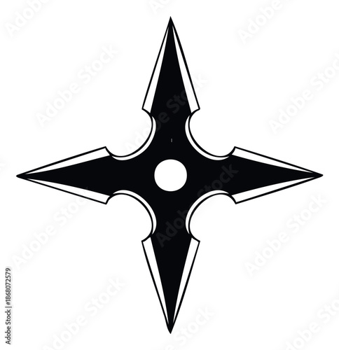 Black and white shuriken throwing weapon with pointed ends and a central circle, ideal for depicting historical martial arts, action movie themes, or traditional Japanese combat weapon