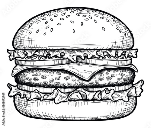 Delicious handsketched hamburger showcasing a hearty patty, crisp lettuce, juicy tomato, and melted cheese between toasted sesame buns, perfect for food packaging, restaurant marketing, and