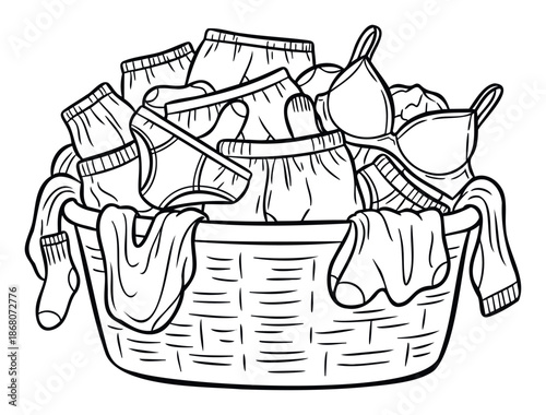 A laundry basket overflowing with various undergarments like underwear, bras, and socks, ready for washing, suitable for promoting household chore reminders or cleaning product
