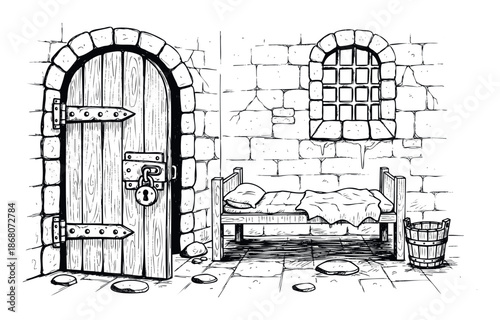 Handdrawn black and white medieval prison cell interior with a locked door, barred window, and simple bed, perfect for historical books, game environments, or educational content.
