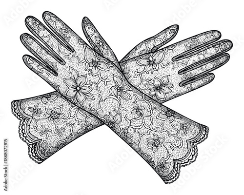 Elegant black and white lace gloves with intricate floral patterns and scalloped cuffs crossed for sophisticated decorative projects or formal apparel presentations