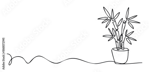 Minimalist continuous line drawing of a bamboo plant in a pot, ideal for serene home decor themes or a simple graphic background for branding and digital presentations.