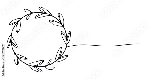 Minimalist continuous line drawing of a botanical leaf wreath frame with an extending stem, perfect for elegant wedding invitations, greeting cards, or decorative graphic design projects.