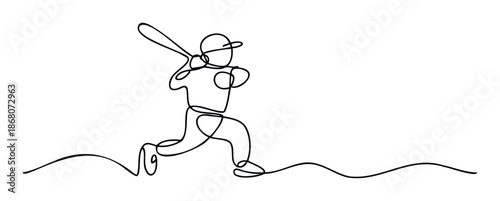 Abstract continuous line artwork depicting a powerful baseball batter swinging the bat, suitable for sports academy logos, game promotions, or sleek fitness related publications