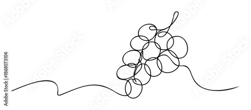 Stylized continuous line drawing of a bunch of grapes conveying elegance and freshness, perfect for beverage branding, healthy food packaging, or minimalist kitchen decor