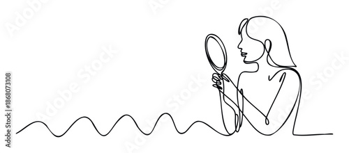 Continuous line drawing of a woman holding a small mirror, reflecting on her face, perfect for wellness, personal care, and aesthetic market promotions and digital media campaigns.