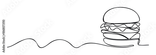Minimalist one line drawing of a delicious classic hamburger with bun, patty, and toppings, perfect for modern fast food restaurant menus or digital promotional materials.