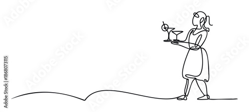 Graceful continuous line drawing of a server carrying a tray with two cocktails, ideal for various hospitality event promotions or beverage industry visuals