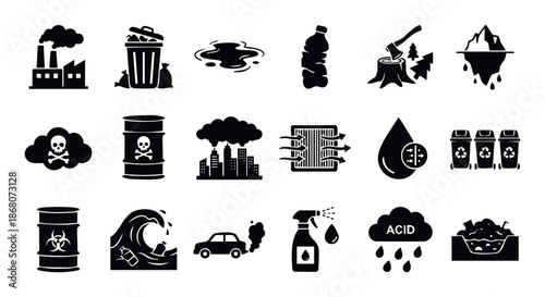 Collection of environmental pollution, waste management, and climate change black glyph icons for ecological awareness campaigns, sustainable living presentations, and earth conservation.