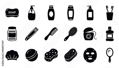 A versatile collection of personal hygiene and selfcare item icons featuring various bathroom products and grooming essentials suitable for modern web graphics, user interfaces, and product