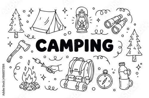 Engaging camping equipment collection presented in a handdrawn doodle style, perfect for outdoor activity promotions, travel blogs, and adventure event invitations