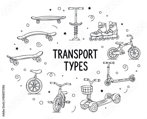 Hand drawn outline collection of various personal transport types including skateboards, scooters, bikes, and pogo stick for activity and childhood themes