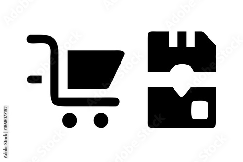 A black vector graphic of a shopping cart and floppy disk icon