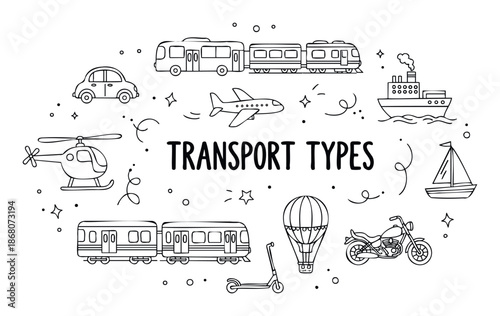 Comprehensive collection of doodle style transport vehicles for educational materials, childrens books, infographics, and learning about different ways to travel