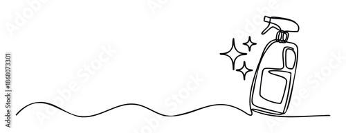 Simple continuous line drawing of a household spray bottle with sparkling icons, perfect for promoting sanitation and freshness in home or workplace environments.