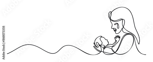 Minimalist continuous line drawing of a mother embracing her newborn baby, symbolizing maternal love, connection, and family bonds for various graphic communication projects
