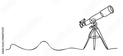 Simple continuous line drawing depicting a telescope on a tripod, symbolizing scientific discovery and space exploration, perfect for educational materials or modern abstract designs.