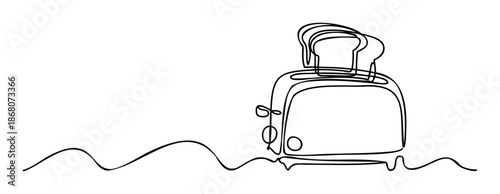 Continuous line drawing of a classic toaster with two slices of bread, perfect for modern kitchen themes, breakfast related content, or graphic projects requiring a clean and stylish icon