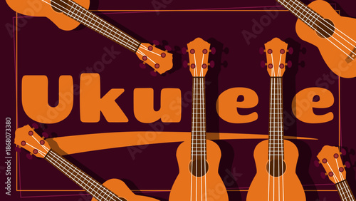 This illustration features a vibrant and stylish tribute to the ukulele against a deep maroon background. National Ukulele Day, February 2nd. Musical instrument. Music background.