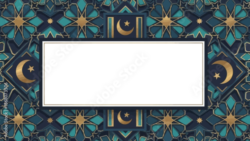 Eid Mubarak and Ramadhan frame with a gold border and intricate blue and gold designs featuring crescent moons and stars on a dark background.