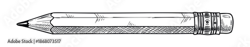 Hand drawn black and white graphite pencil with an eraser at its end, a perfect visual for school supplies, education materials, and stationery themes.